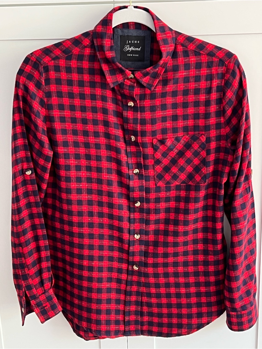 ♥️Like New♥️ JACHS Girlfriend Red and Navy Plaid Flannel Button-Down